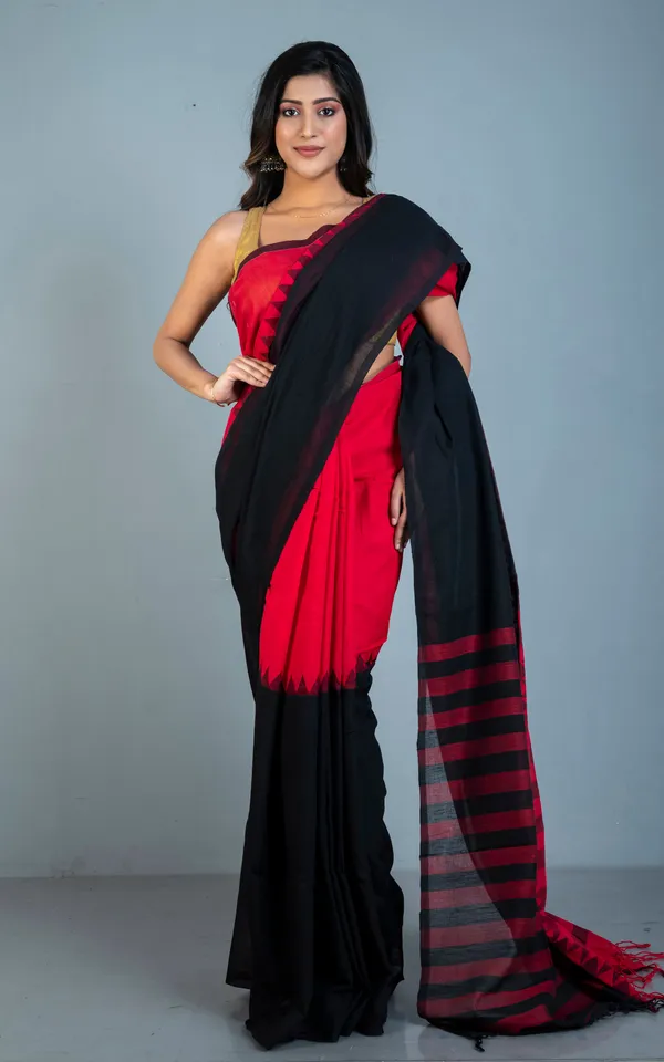 Half_And_Half_Designer_Soft_Cotton_Khaddar_Saree_In_Red_And_Black