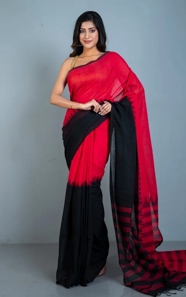 Half_And_Half_Designer_Soft_Cotton_Khaddar_Saree_In_Red_And_Black