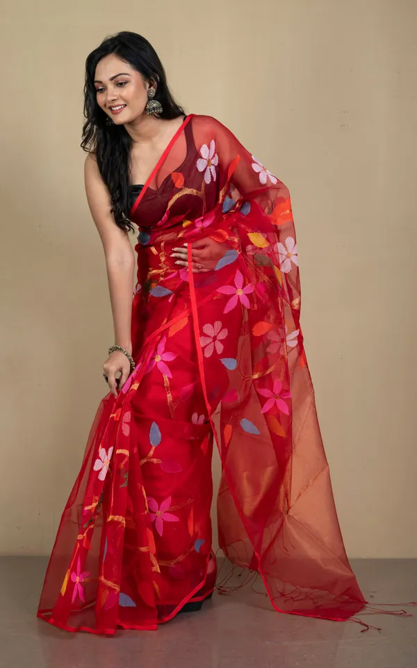 Peacock_And_Floral_Motif_Work_Muslin_Silk_Jamdani_Saree_In_Natural_Red_Golden_And_Multicolor_Thread_Work