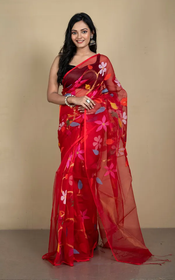 Peacock_And_Floral_Motif_Work_Muslin_Silk_Jamdani_Saree_In_Natural_Red_Golden_And_Multicolor_Thread_Work