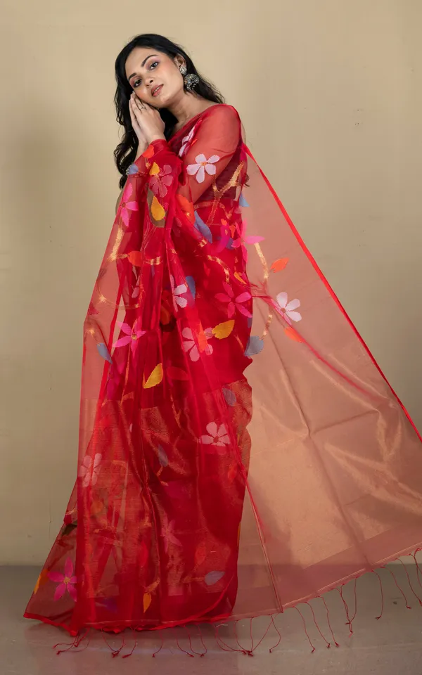 Peacock_And_Floral_Motif_Work_Muslin_Silk_Jamdani_Saree_In_Natural_Red_Golden_And_Multicolor_Thread_Work