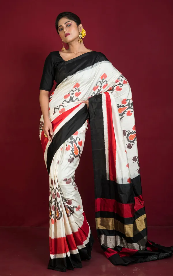 Hand_Woven_Designer_Uzbek_Ikkat_Silk_Saree_In_Off_White_And_Multicolor