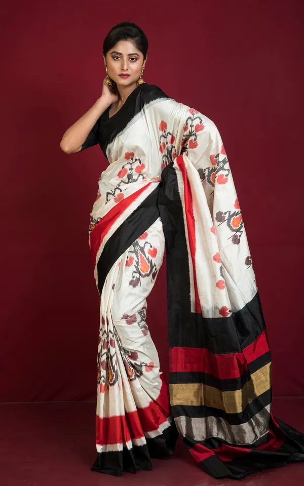 Hand_Woven_Designer_Uzbek_Ikkat_Silk_Saree_In_Off_White_And_Multicolor