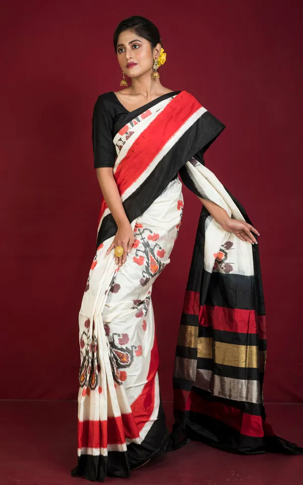 Hand_Woven_Designer_Uzbek_Ikkat_Silk_Saree_In_Off_White_And_Multicolor