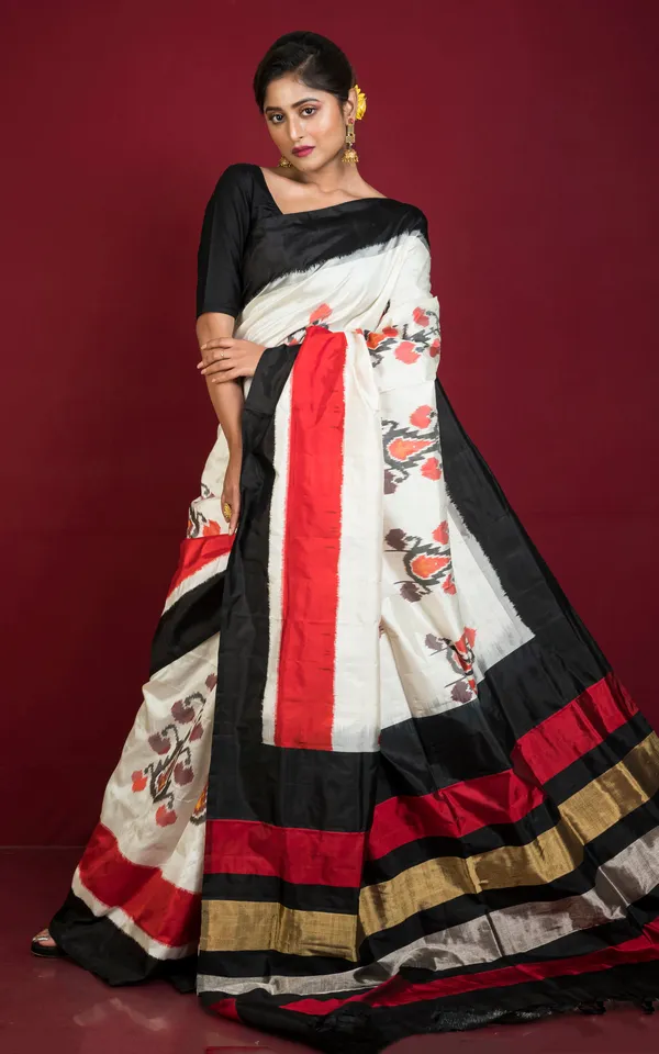 Hand_Woven_Designer_Uzbek_Ikkat_Silk_Saree_In_Off_White_And_Multicolor