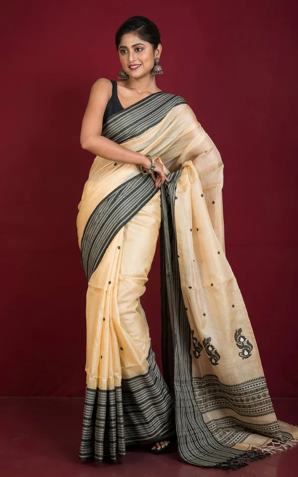 Premium_Quality_Tussar_Silk_Mahapar_Nakshi_Work_Saree_In_Beige_Black_And_Off_White