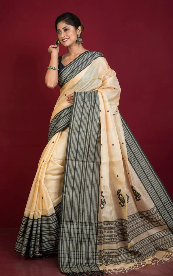 Premium_Quality_Tussar_Silk_Mahapar_Nakshi_Work_Saree_In_Beige_Black_And_Off_White