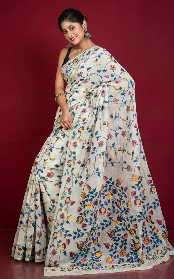 Tantuja_Inspired_Traditional_Soft_Jamdani_Saree_In_Stone_Beige_And_Multicolor