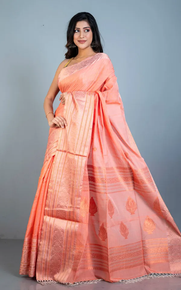 Hand_Woven_Tussar_Cotton_Silk_Banarasi_Katan_Saree_In_Salmon_Orange_Burnt_Orange_And_Copper