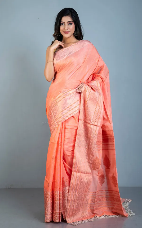 Hand_Woven_Tussar_Cotton_Silk_Banarasi_Katan_Saree_In_Salmon_Orange_Burnt_Orange_And_Copper