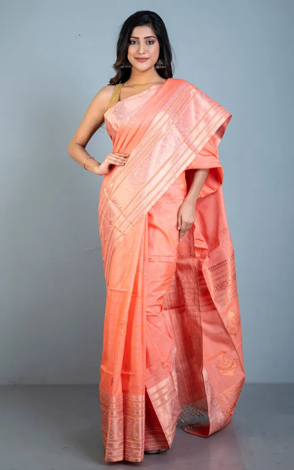 Hand_Woven_Tussar_Cotton_Silk_Banarasi_Katan_Saree_In_Salmon_Orange_Burnt_Orange_And_Copper