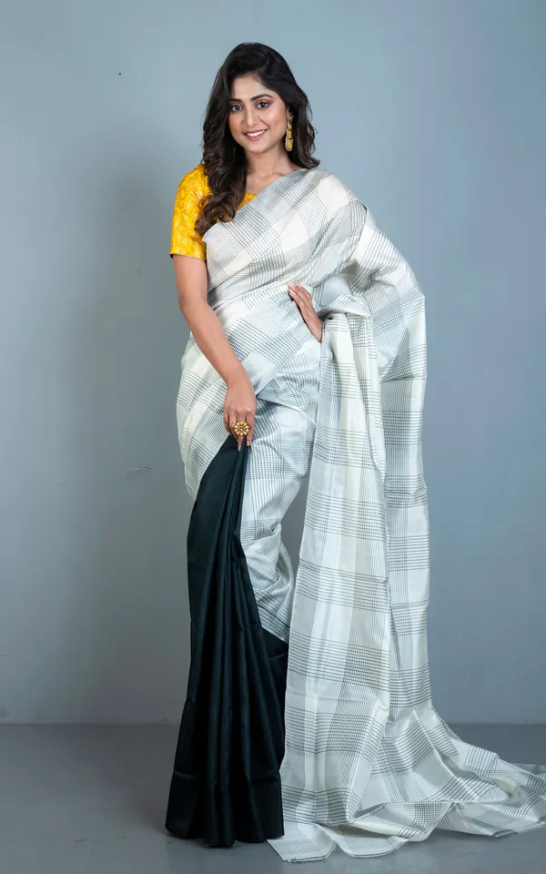 Half_And_Half_Soft_Bishnupuri_Designer_Katan_Silk_Saree_In_Off_White_And_Black