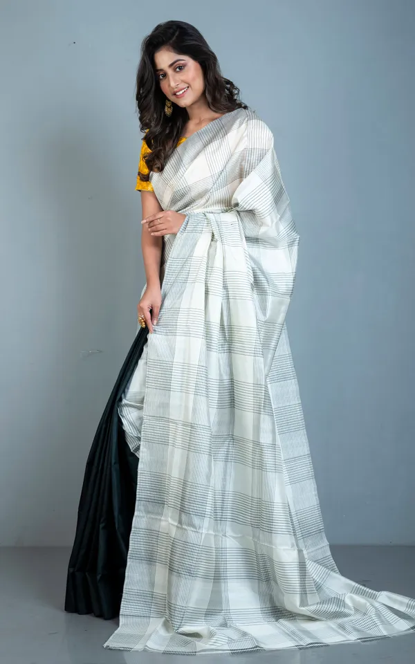 Half_And_Half_Soft_Bishnupuri_Designer_Katan_Silk_Saree_In_Off_White_And_Black