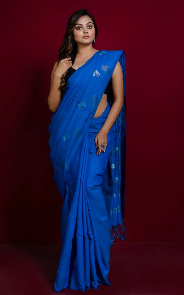 Premium_Quality_Kadiyal_Dollar_Butta_Work_Matka_Tussar_Saree_In_Lapis_Blue_Gold_And_Silver