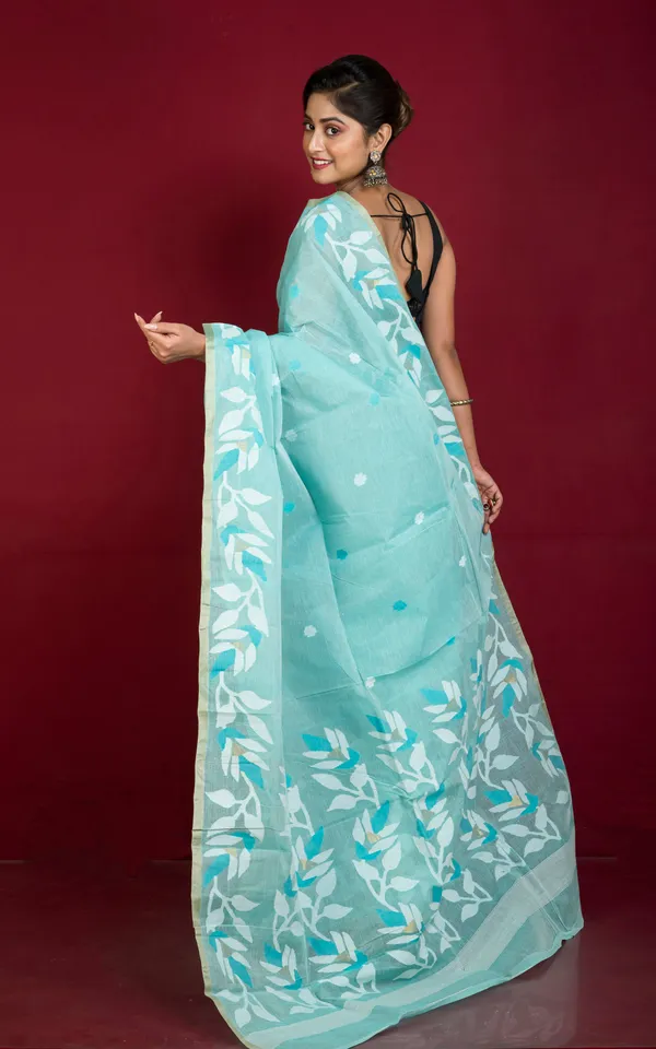 Premium_Quality_Hand_Work_Cotton_Dhakai_Jamdani_Saree_In_Light_Turquoise_Sky_Blue_Off_White_And_Gold