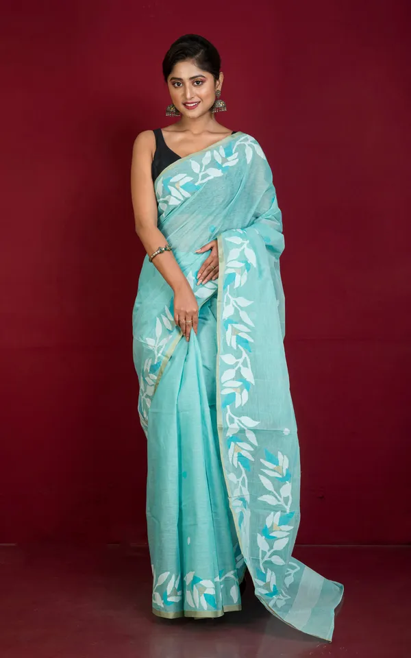 Premium_Quality_Hand_Work_Cotton_Dhakai_Jamdani_Saree_In_Light_Turquoise_Sky_Blue_Off_White_And_Gold