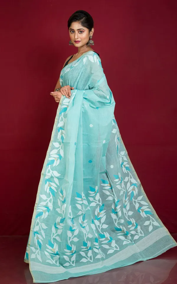 Premium_Quality_Hand_Work_Cotton_Dhakai_Jamdani_Saree_In_Light_Turquoise_Sky_Blue_Off_White_And_Gold