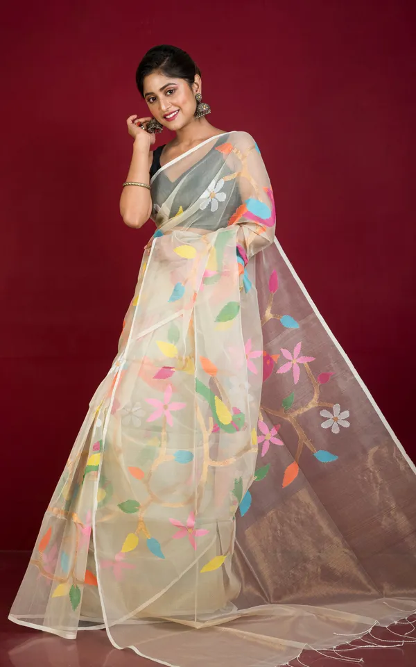 Peacock_And_Floral_Motif_Work_Muslin_Silk_Jamdani_Saree_In_Tulip_White_Golden_And_Multicolor_Thread_Work