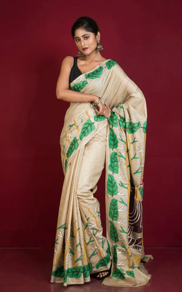 Premium_Quality_Hand_Embroidery_Kantha_Work_On_Pure_Gachi_Tussar_Saree_In_Beige_And_Multicolor_Thread_Work