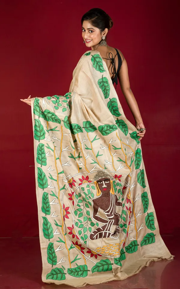 Premium_Quality_Hand_Embroidery_Kantha_Work_On_Pure_Gachi_Tussar_Saree_In_Beige_And_Multicolor_Thread_Work