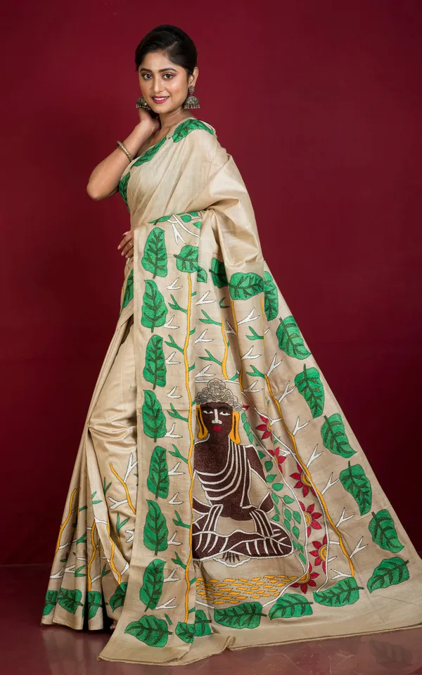 Premium_Quality_Hand_Embroidery_Kantha_Work_On_Pure_Gachi_Tussar_Saree_In_Beige_And_Multicolor_Thread_Work