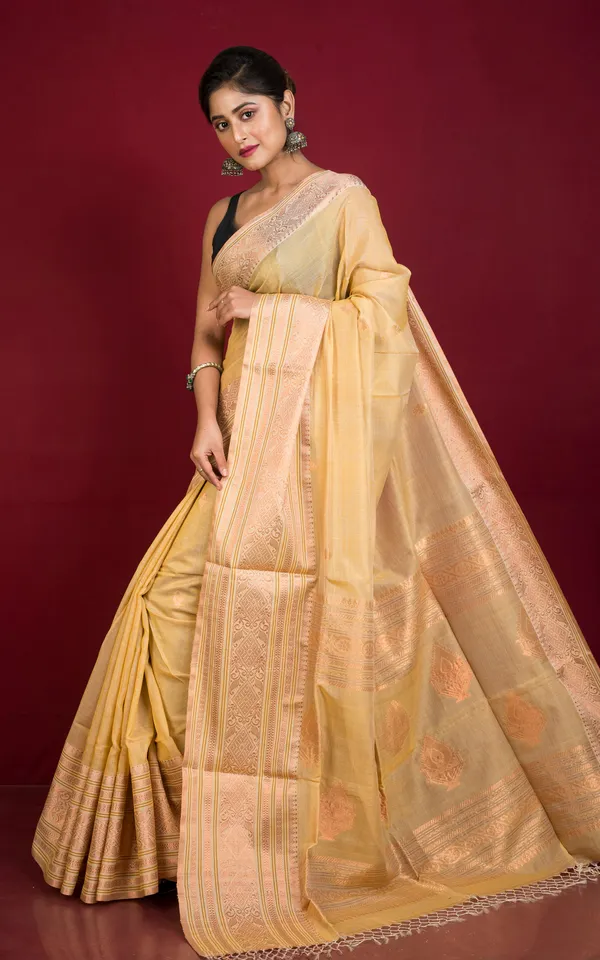 Hand_Woven_Tussar_Cotton_Silk_Banarasi_Katan_Saree_In_Beige_Light_Brown_And_Copper