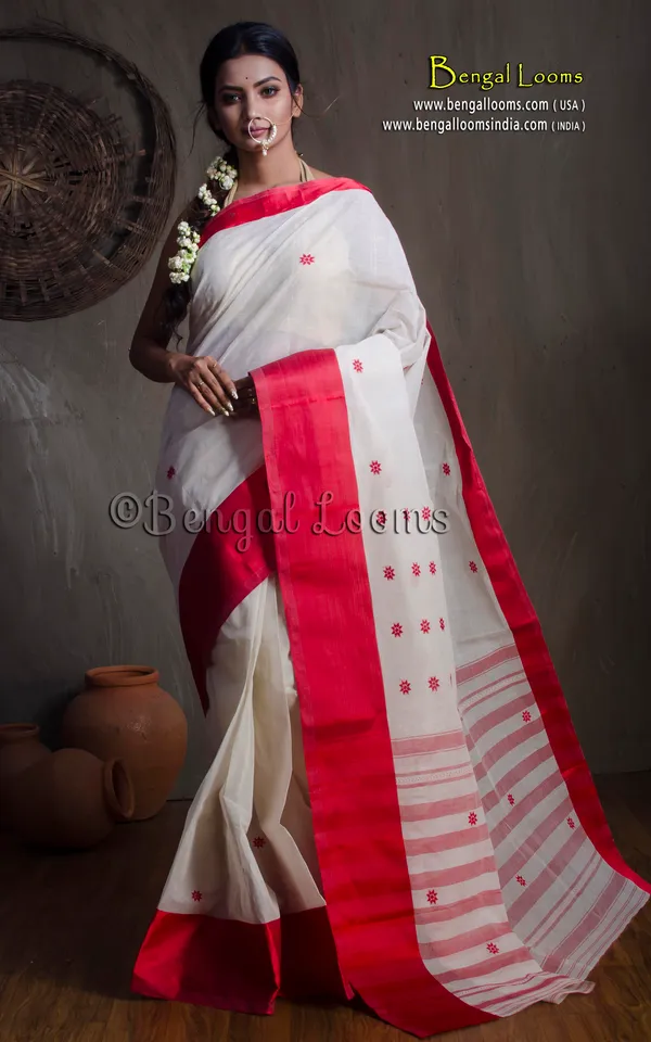 Bengal_Handloom_Satin_Silk_Border_Cotton_Saree_In_White_And_Red