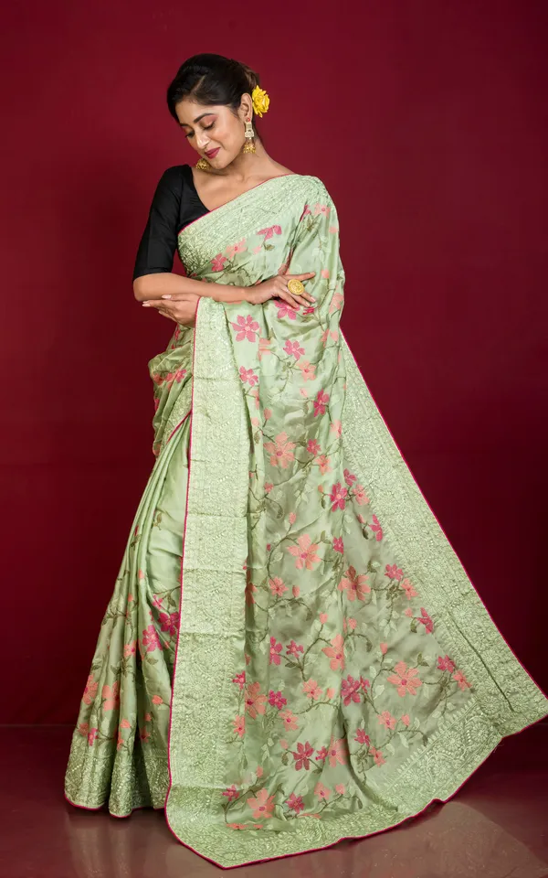 Parsi_Cross_Stitch_Work_Designer_Italian_Crepe_Silk_Saree_In_Tea_Green_Magenta_And_Multicolor_Thread_Work