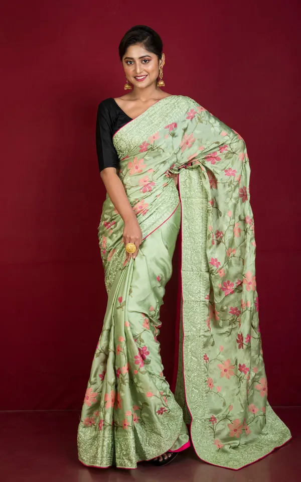 Parsi_Cross_Stitch_Work_Designer_Italian_Crepe_Silk_Saree_In_Tea_Green_Magenta_And_Multicolor_Thread_Work