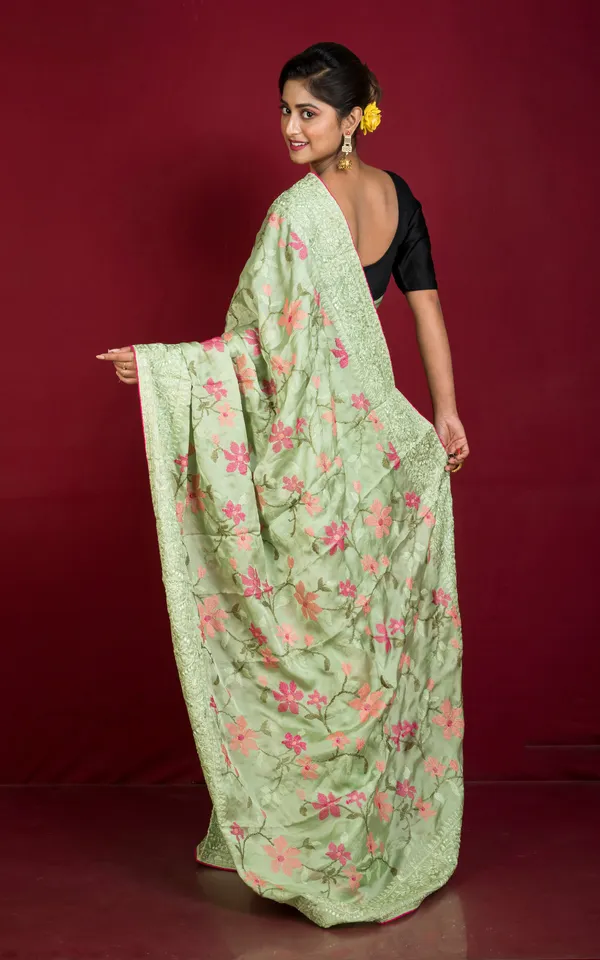 Parsi_Cross_Stitch_Work_Designer_Italian_Crepe_Silk_Saree_In_Tea_Green_Magenta_And_Multicolor_Thread_Work