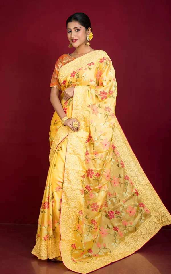 Parsi_Cross_Stitch_Work_Designer_Italian_Crepe_Silk_Saree_In_Butter_Yellow_Magenta_And_Multicolor_Thread_Work
