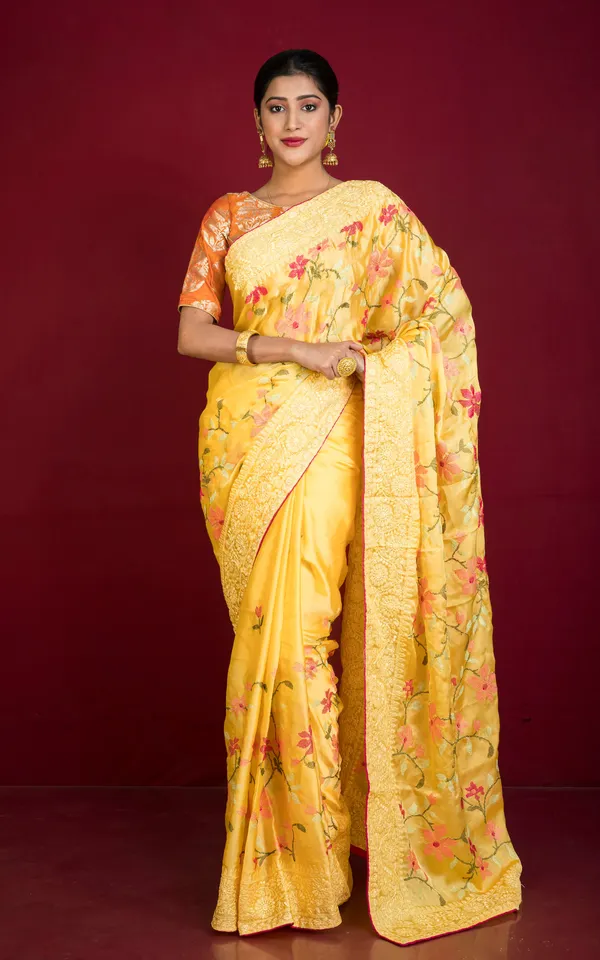 Parsi_Cross_Stitch_Work_Designer_Italian_Crepe_Silk_Saree_In_Butter_Yellow_Magenta_And_Multicolor_Thread_Work