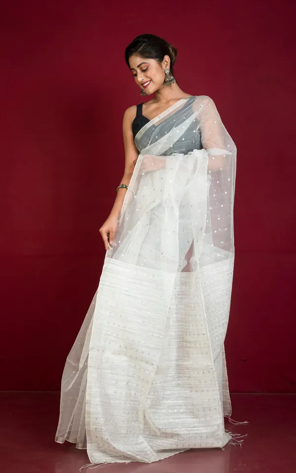 Sequin_Inlaid_Muslin_Silk_Saree_With_Raw_Silk_Pallu_In_White_And_Silver