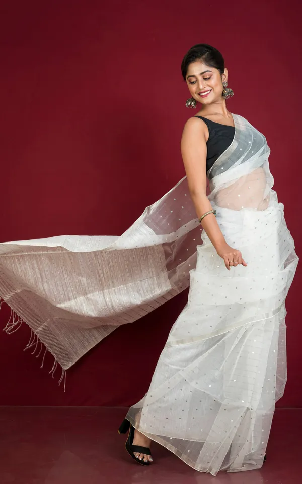 Sequin_Inlaid_Muslin_Silk_Saree_With_Raw_Silk_Pallu_In_White_And_Silver