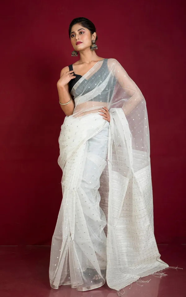 Sequin_Inlaid_Muslin_Silk_Saree_With_Raw_Silk_Pallu_In_White_And_Silver