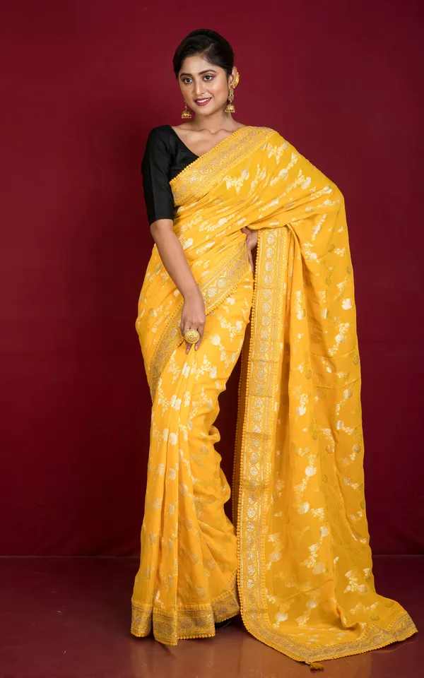 Hand_Woven_Khaddi_Georgette_Designer_Saree_In_Bright_Yellow_And_Antique_Gold