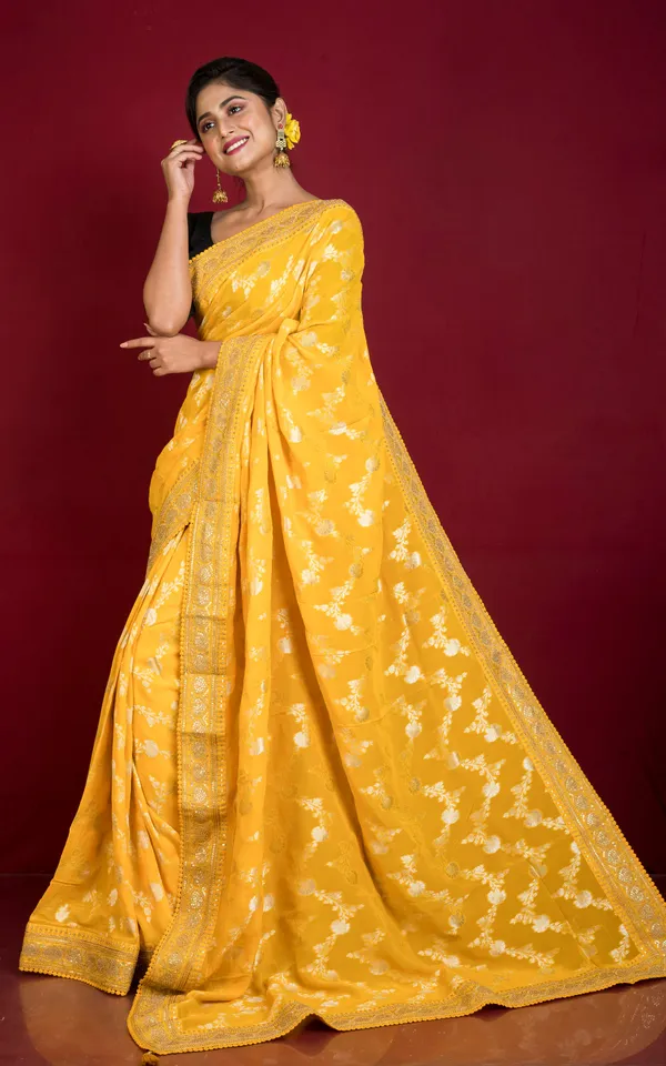 Hand_Woven_Khaddi_Georgette_Designer_Saree_In_Bright_Yellow_And_Antique_Gold