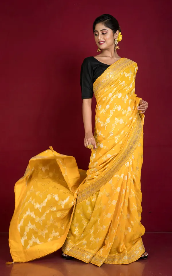 Hand_Woven_Khaddi_Georgette_Designer_Saree_In_Bright_Yellow_And_Antique_Gold