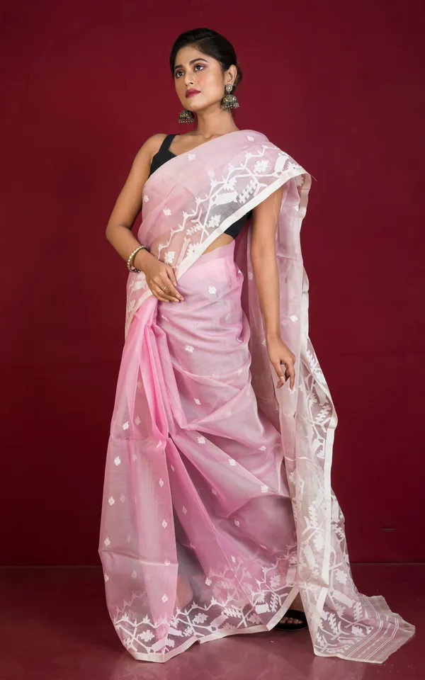 Premium_Quality_Traditional_Karat_Work_Silk_Jamdani_Saree_In_Pastel_Pink_Beige_And_White