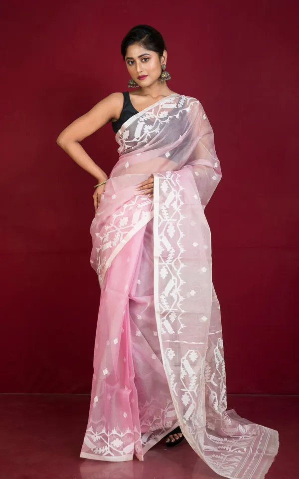 Premium_Quality_Traditional_Karat_Work_Silk_Jamdani_Saree_In_Pastel_Pink_Beige_And_White