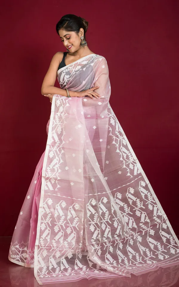 Premium_Quality_Traditional_Karat_Work_Silk_Jamdani_Saree_In_Pastel_Pink_Beige_And_White