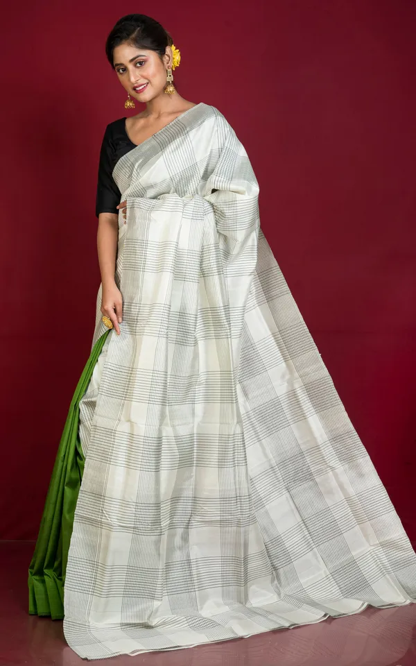 Half_And_Half_Soft_Bishnupuri_Katan_Silk_Saree_In_Off_White_Black_And_Green