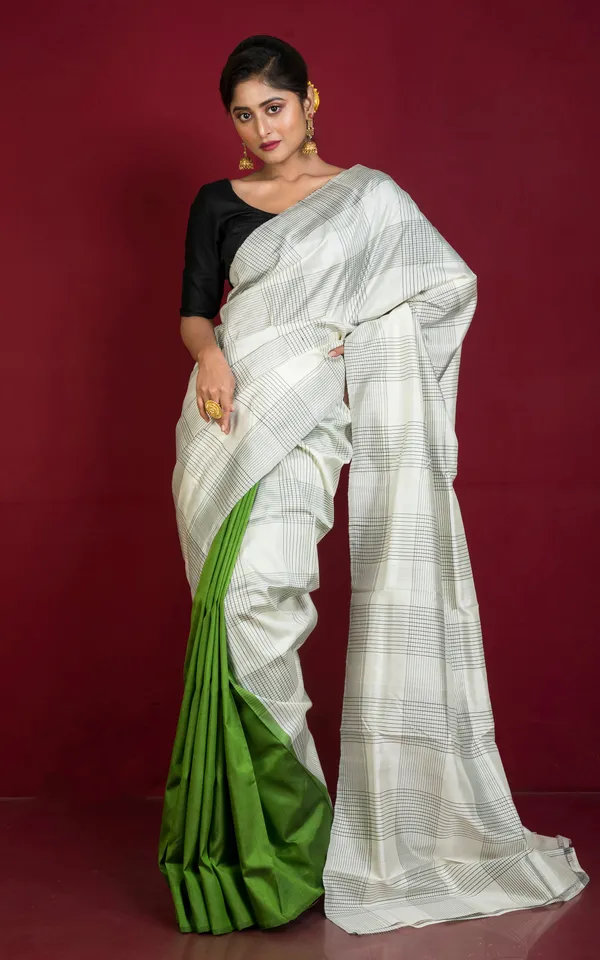 Half_And_Half_Soft_Bishnupuri_Katan_Silk_Saree_In_Off_White_Black_And_Green