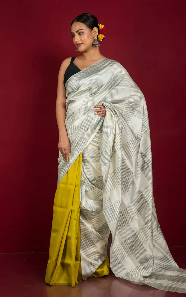 Half_And_Half_Soft_Bishnupuri_Katan_Silk_Saree_In_Off_White_Black_And_Yellow