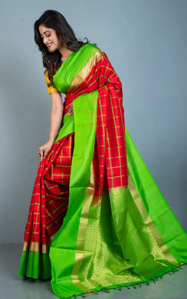 Soft_Silk_Checks_Kanchipuram_Silk_Saree_In_Natural_Red_Green_Green_And_Brush_Gold
