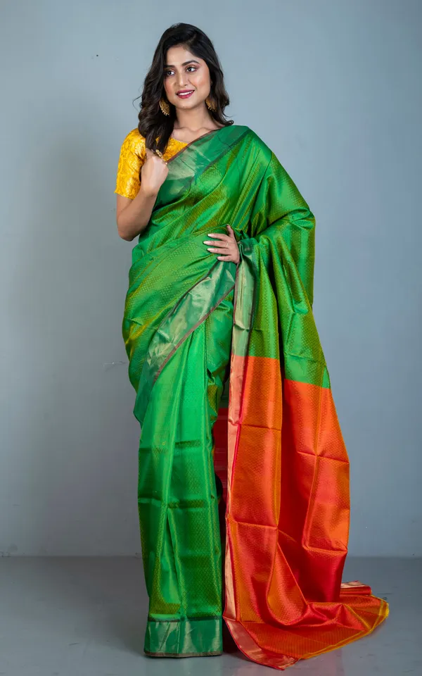Tan_Chui_Self_Woven_Nakshi_Work_Bishnupuri_Katan_Silk_Saree_In_Kelly_Green_Saffron_Orange_And_Antique_Gold
