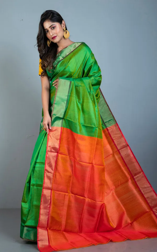 Tan_Chui_Self_Woven_Nakshi_Work_Bishnupuri_Katan_Silk_Saree_In_Kelly_Green_Saffron_Orange_And_Antique_Gold
