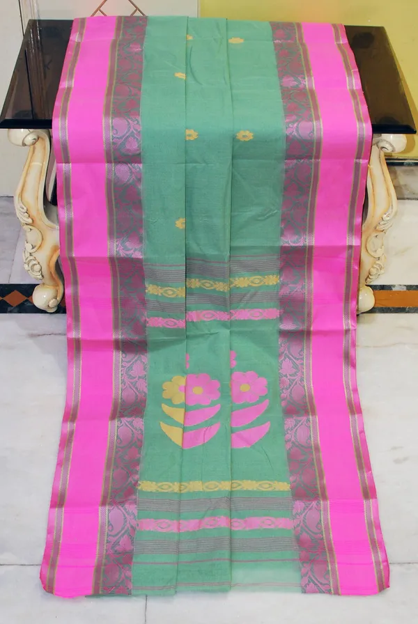 Woven_Matta_Nakshi_Border_Premium_Quality_Bengal_Handloom_Cotton_Saree_In_Paste_Green_Taffy_Pink_And_Parmesan