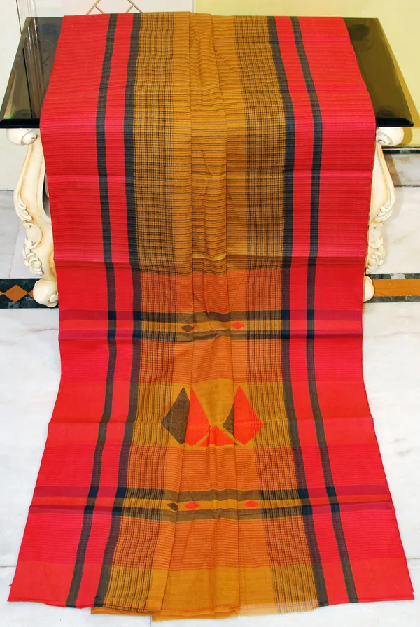 Self_Woven_Checks_And_Stripes_Matta_Bomkai_Premium_Quality_Bengal_Handloom_Cotton_Saree_In_Ochre_Black_And_Red