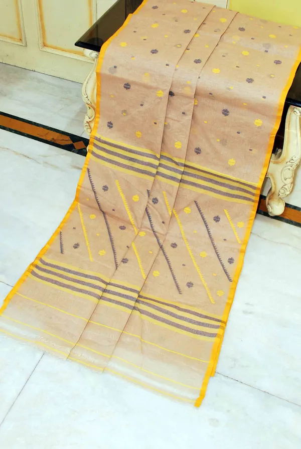 Traditional_Needle_Karat_Work_Poth_Jamdani_Saree_In_Biscotti_Bright_Yellow_And_Black